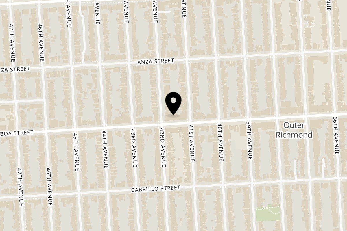 Map showing the location of Kazoku Sushi on 4036 Balboa St in San Francisco